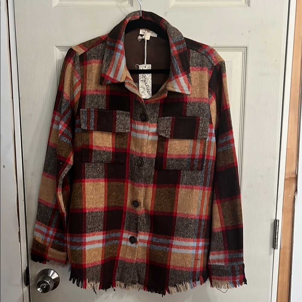 Mystree Red and Brown Utility Jacket with Plaid Pattern